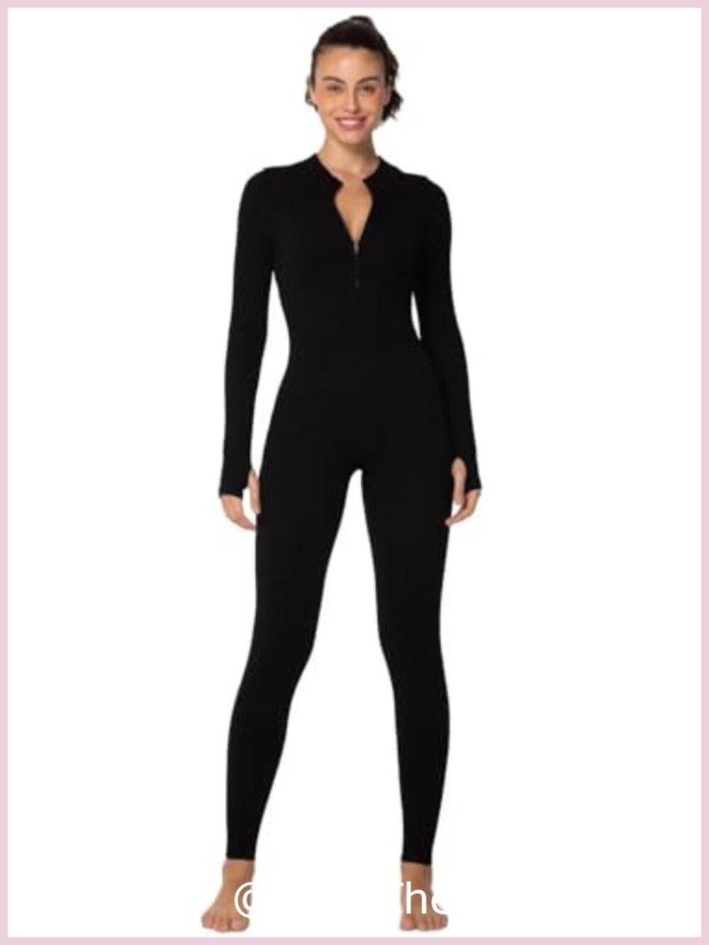 Ribbed Long Sleeve Zip Front Yoga Jumpsuit with Thumbholes